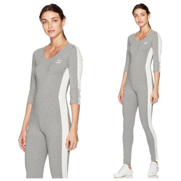 Puma T7 Heathered Grey & White Logo Long Sleeve Scoop Neck Side Stripe Jumpsuit - Picture 1 of 6